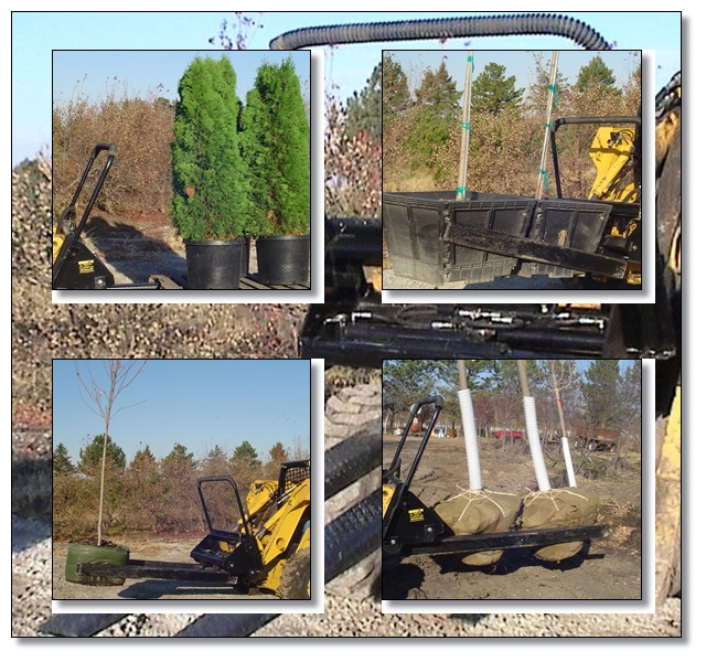 DPM Inc-Pallet Paws Skidloader Attachment-Perfect for landscape distribution centers, landscapers and wholesale nurseries! Handle up to 60" B&B, up to 48" boxes, 95 gallon plastice containers, grow bags up to 65 gallons and boulders up to 5000 pounds! They can even handle a pallet of retaining wall blocks!
